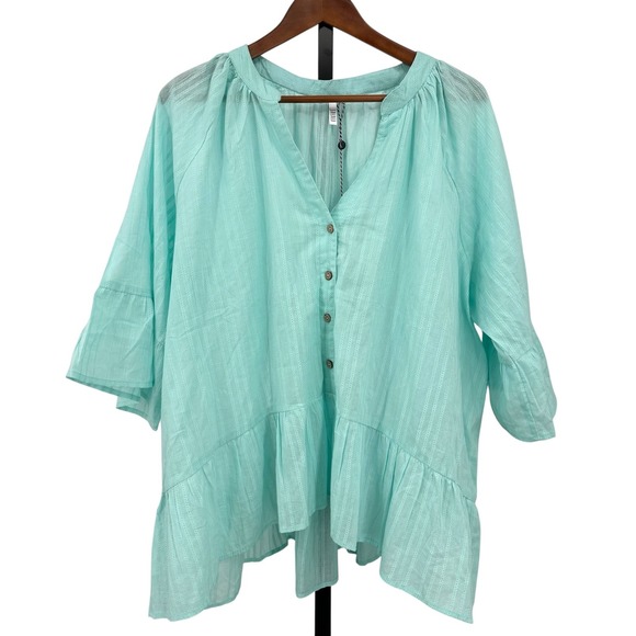 Kaktus Tops - Kaktus Cotton Peplum Top Turquoise Blue Button Front Bell Sleeves Women's 3X NWT